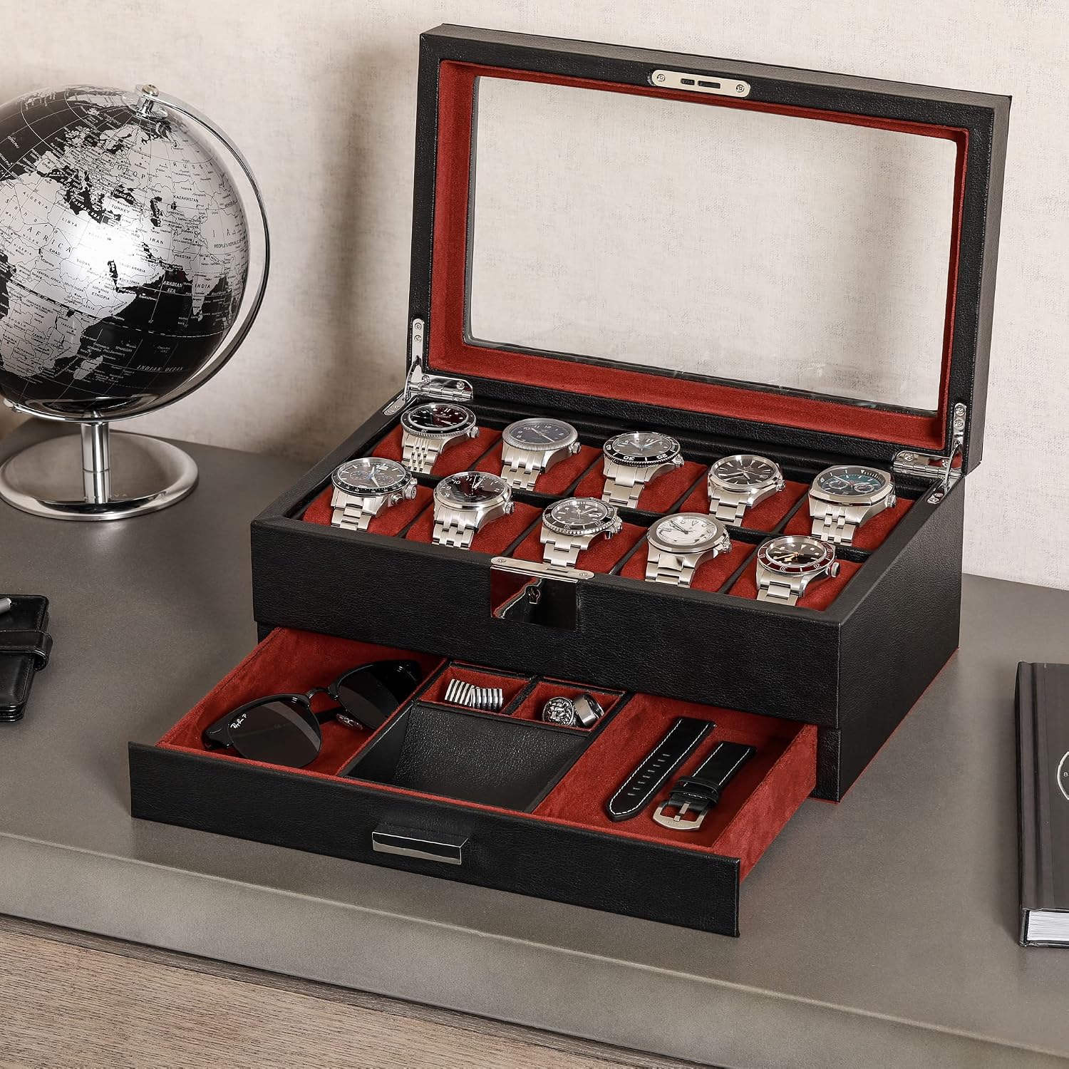 10-Slot Watch Box in Leather w - Luxury Watch Display Case review and price