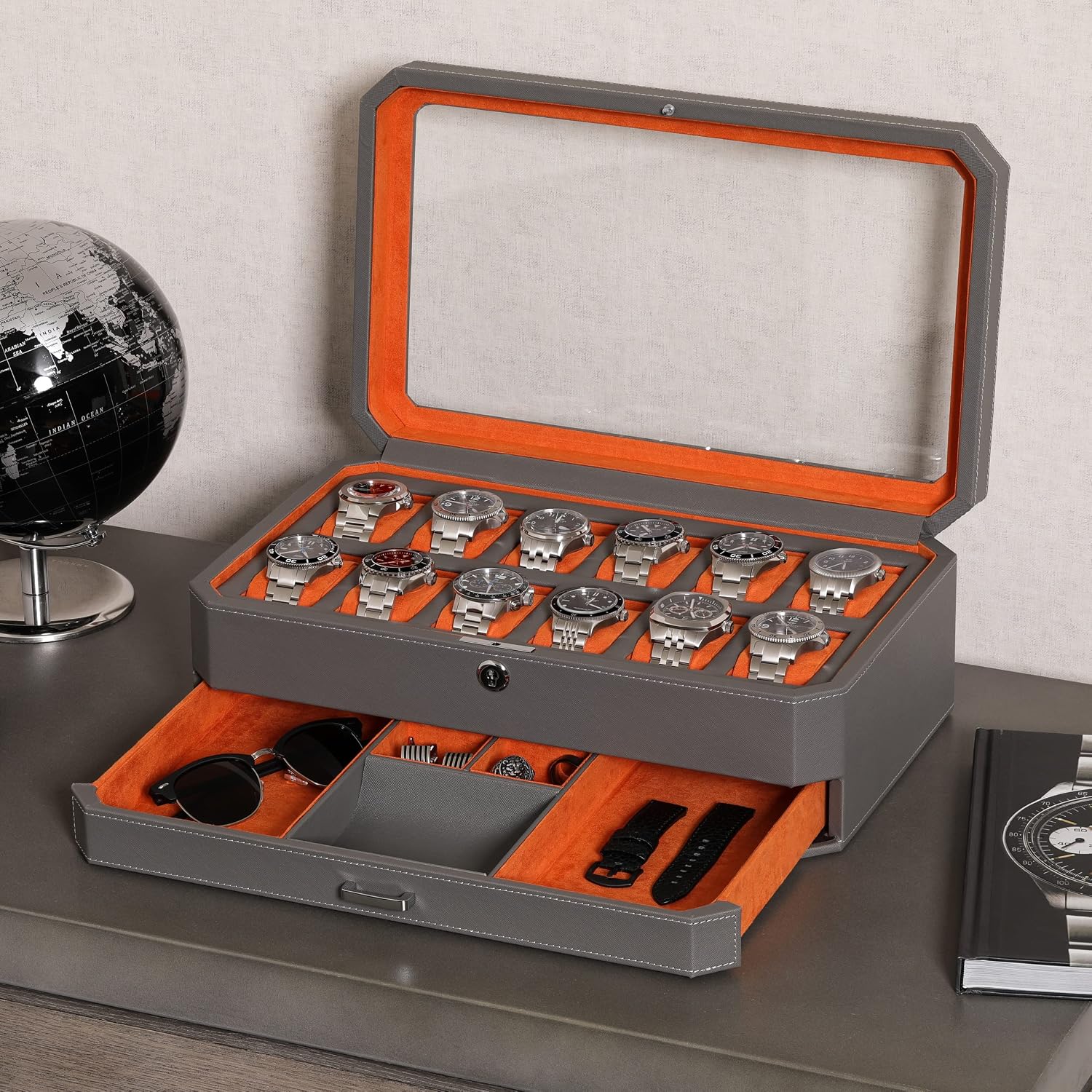 12 Slot Leather Watch Box with - Luxury Watch Display Case review and price